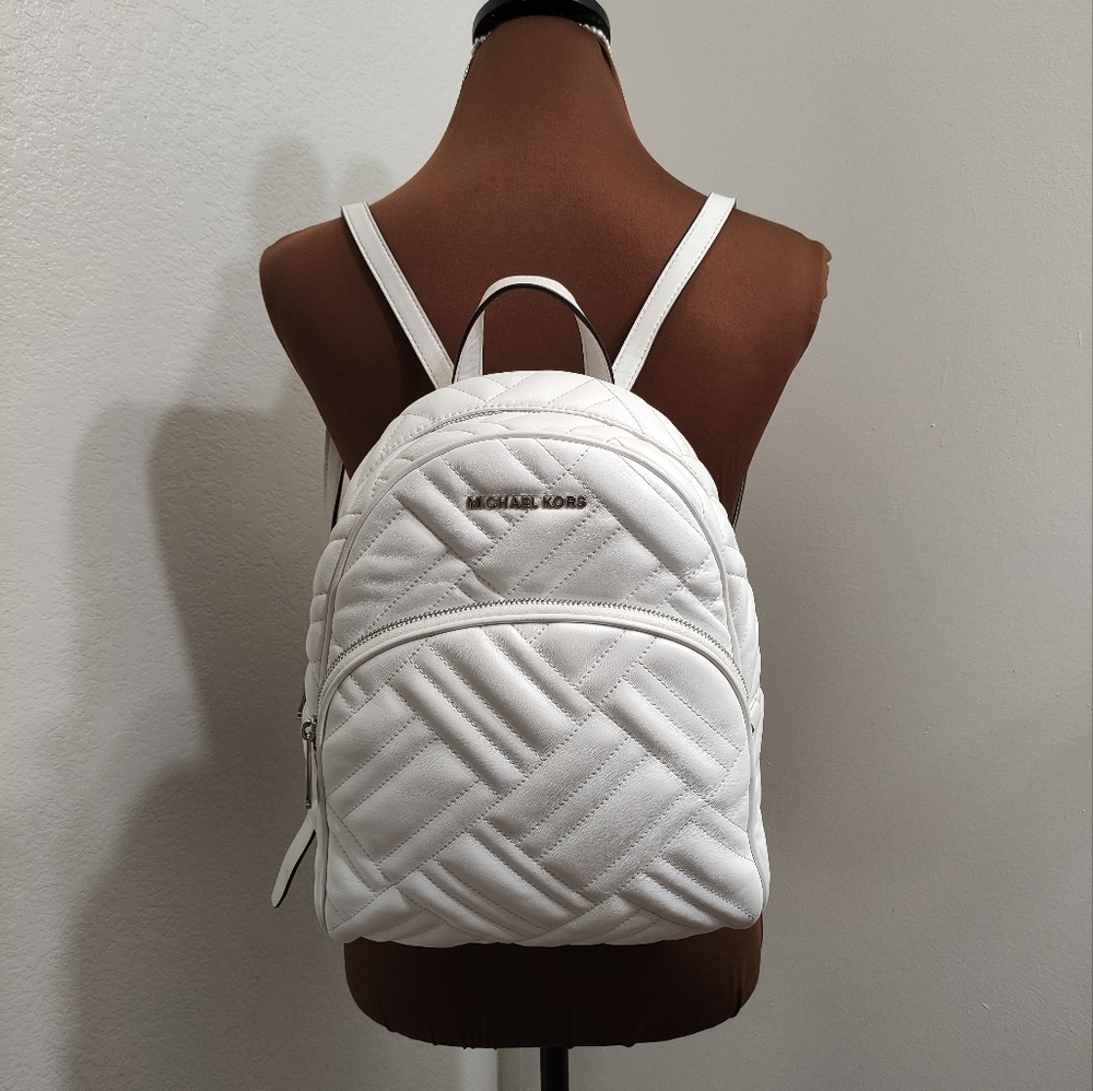 Michael Kors Quilted Abbey Medium Leather Backpack Optic White